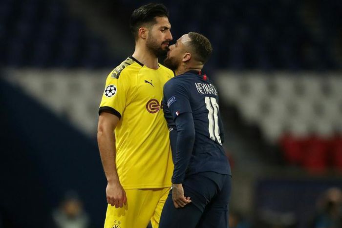Dortmund's German midfielder Emre Can, seen here standing up to PSG's Neymar, is injured and will miss Saturday's match
