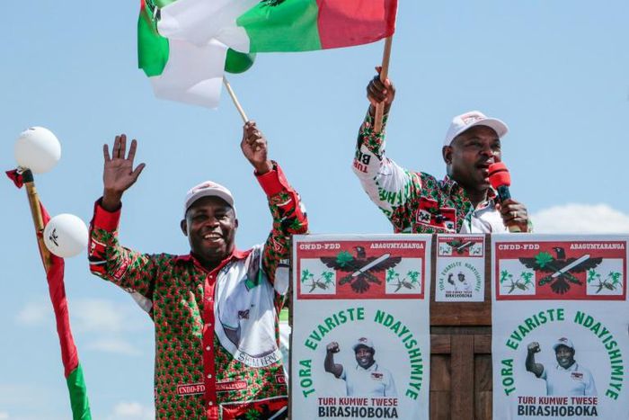 President Pierre Nkurunziza, right, and his hand-picked successor Evariste Ndayishimiye at a rally ahead of last week's elections