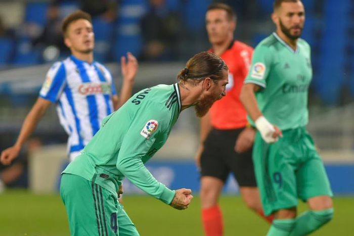 Sergio Ramos scored a penalty in Real Madrid's 2-1 win over Real Sociedad on Sunday before injuring his knee.