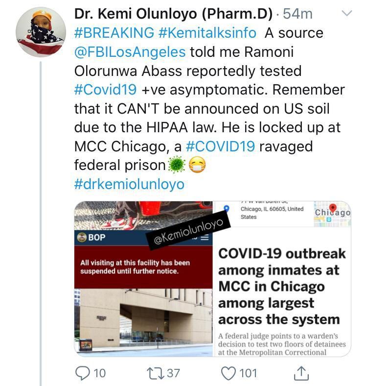 Hushpuppi tests positive for COVID-19 in Chicago prison – Top investigative journalist reveals