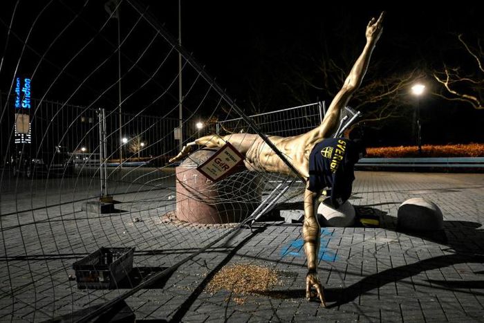 Foul play: The statue of Ibrahimovic pictured after it was destroyed in January