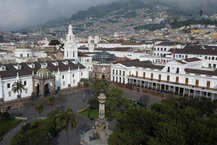 Aerial view of the empty Plaza Grande square in Quito on March 25, 2020