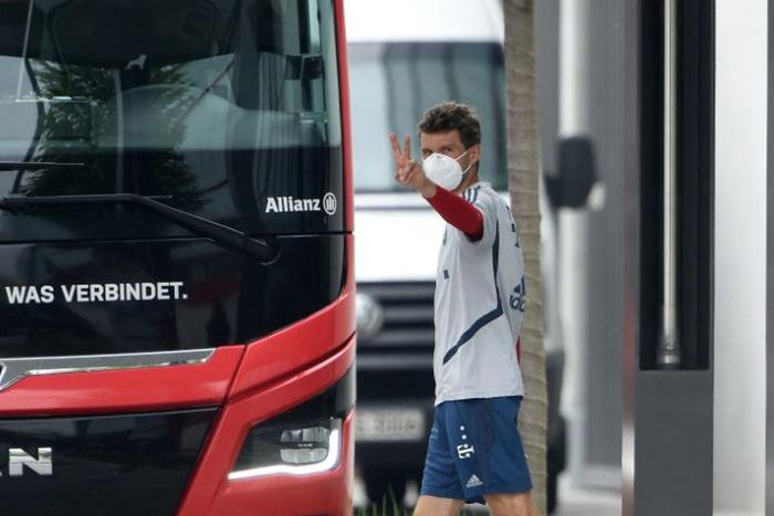 Bayern Munich forward Thomas Mueller pictured leaving a training session ahead of the Bundesliga's return this weekend