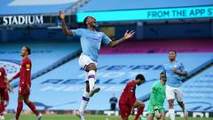 Raheem Sterling celebrates Manchester City's second goal against Liverpool