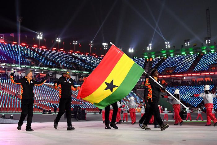 Opening ceremony PyeongChang Olympics with Ghana’s delegation. Akwasi Frimpong holding the flag of Ghana February 9, 2018