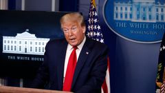 President Donald Trump speaks with reporters about the coronavirus in the James Brady Briefing Room of the White House, Friday, May 22, 2020, in Washington. (AP Photo/Alex Brandon)