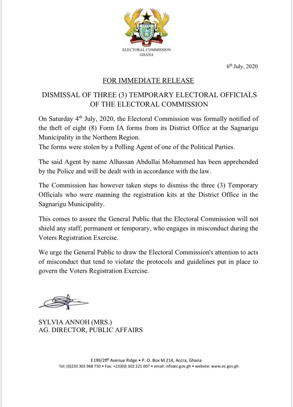 Statement from Electoral Commission