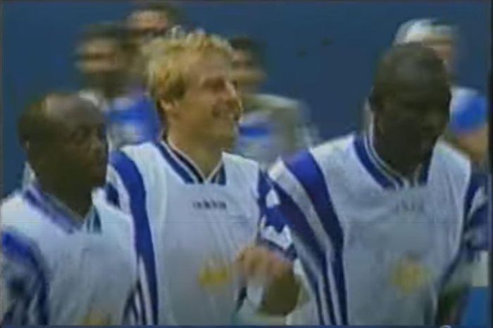Klinsmann celebrates with Abedi Pele and Weah after the equaliser