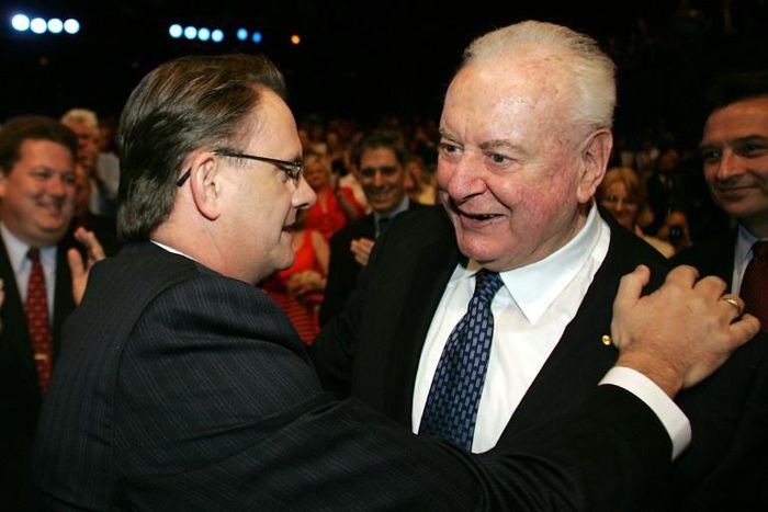 Former prime minister Gough Whitlam (R) seen here in 2004, is still hailed as a champion of Australia's left