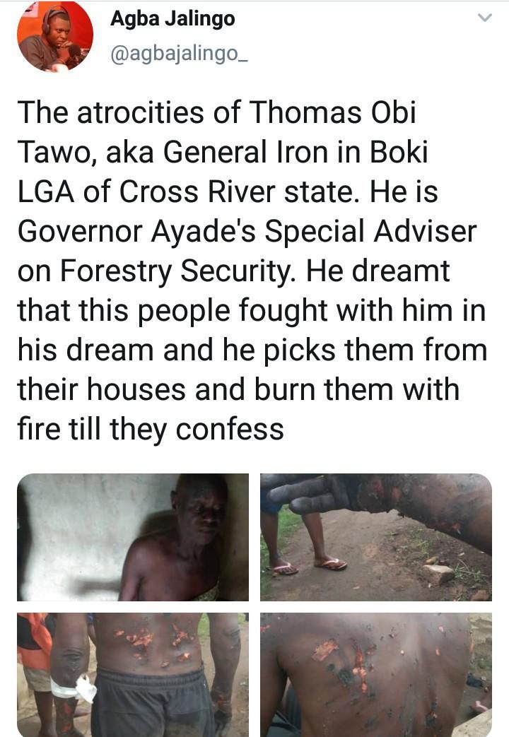 Nigerian governors Special Advisor burns locals because they fought him in his dream (photos)