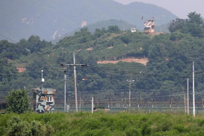 A North Korean guard post (top) faces a South Korean military post across the Demilitarized Zone dividing the peninsula