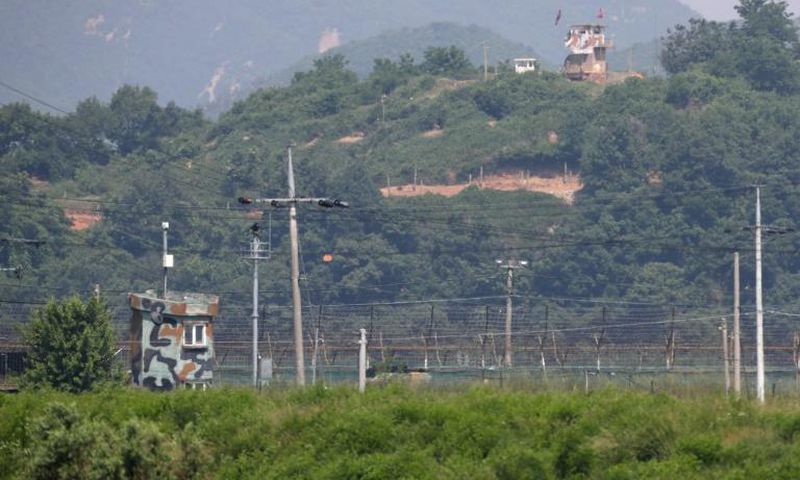 A North Korean guard post (top) faces a South Korean military post across the Demilitarized Zone dividing the peninsula