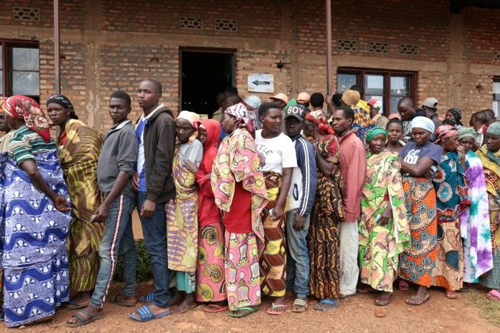 Burundians wait in line to vote in elections at a primary school in Giheta, with little attention paid to social distancing recommendations to curb the COVID-19 coronavirus