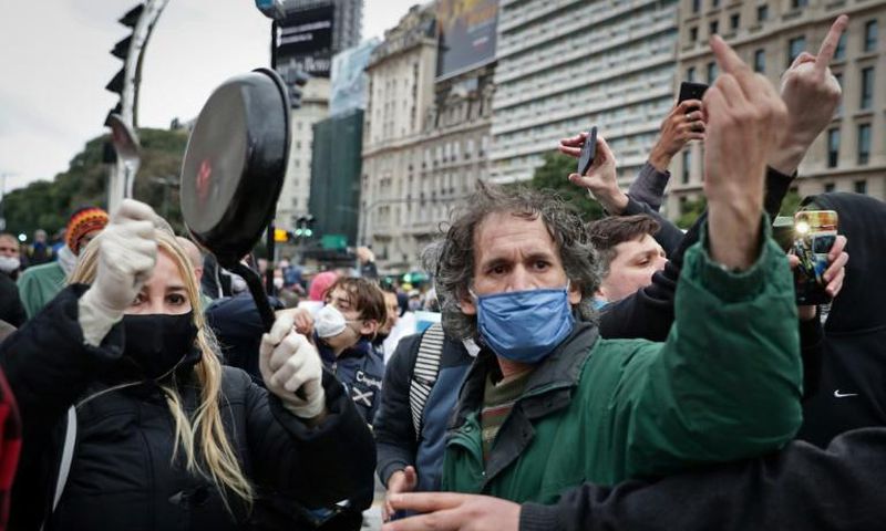 Small business owners affected by Argentina's 10-week coronavirus lockdown protest in central Buenos Aires as talks on renegotiating the country's massive debt burden continue with international creditors