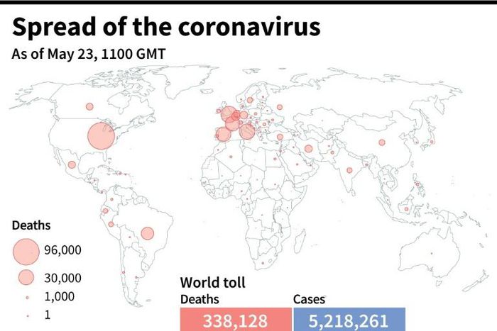 World map showing official number of coronavirus deaths per country, as of May 23 at 1100 GMT