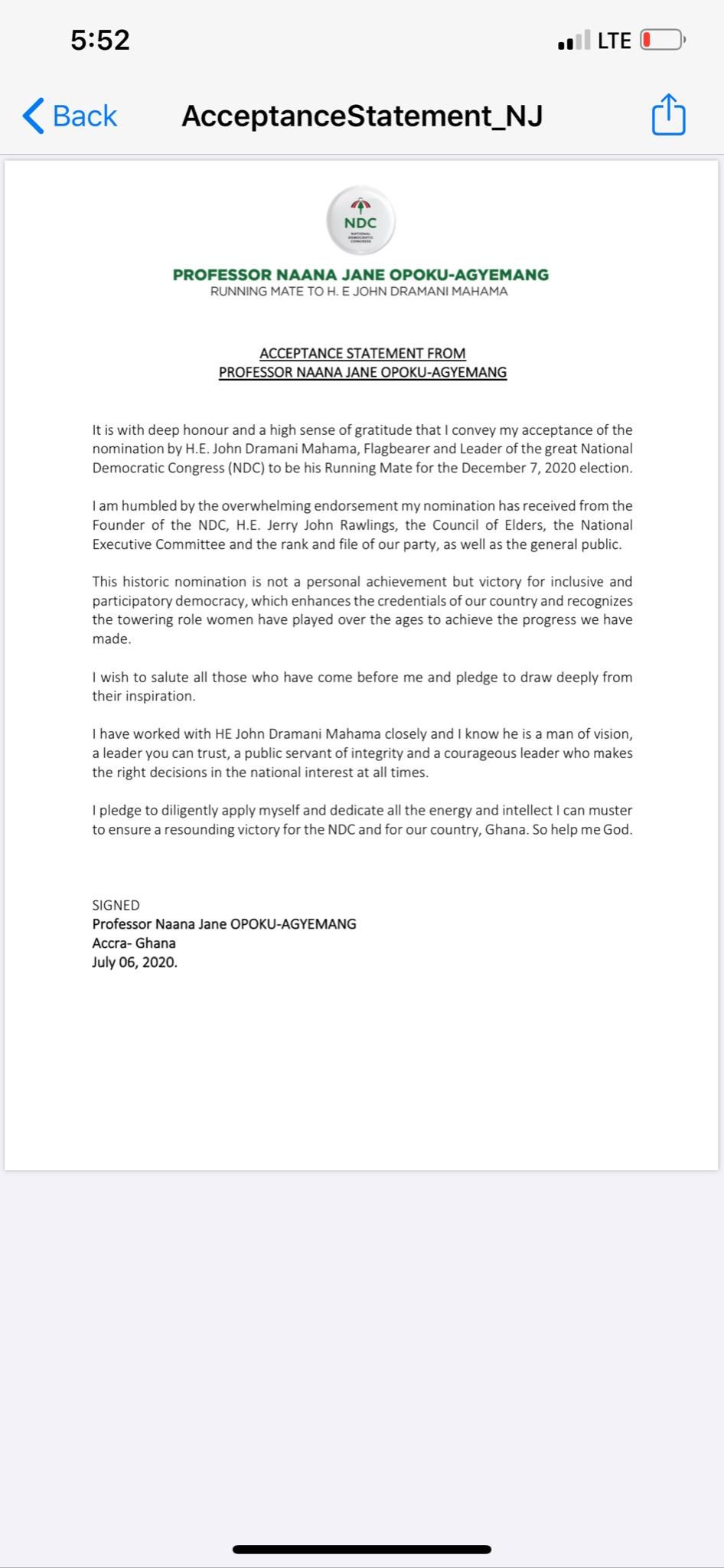 Prof. Naana  Opoku Agyeman acceptance letter