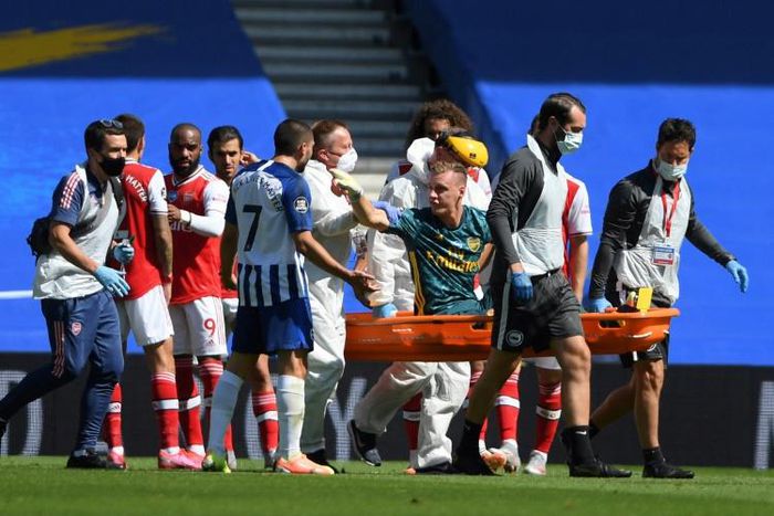 Arsenal goalkeeper Bernd Leno was livid with Neal Maupay after the Frenchman's challenge led to him being stretchered off