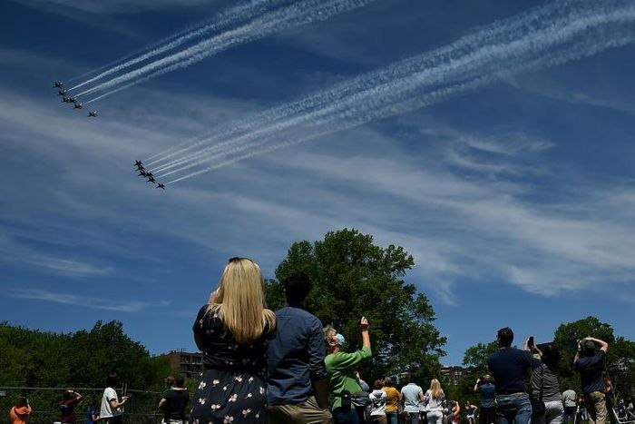 The US Navy Blue Angels and US Air Force Thunderbirds fly over Washington, DC