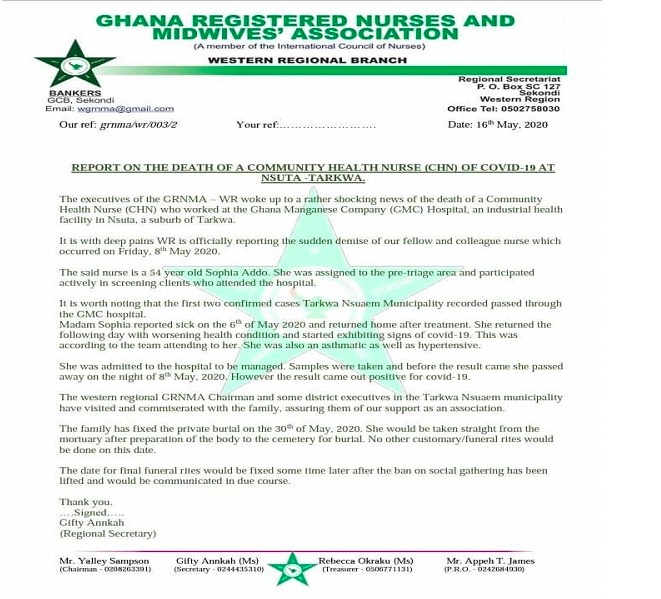 COVID-19: Community Health nurse dies from coronavirus in Western Region