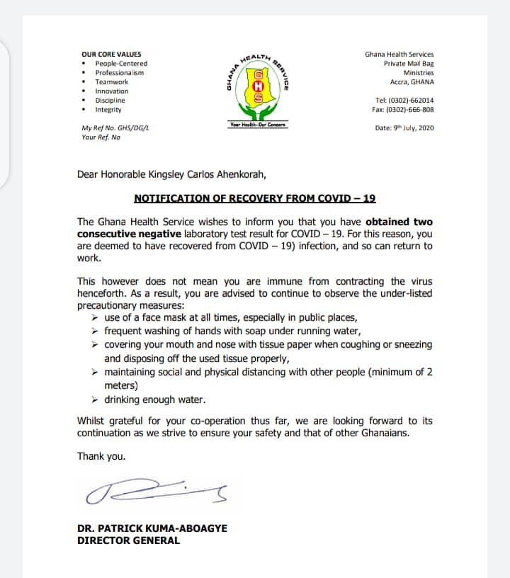 Letter from Ghana Health Service to Carlos Ahenkorah