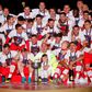 Red Star Belgrade players celebrate their Serbian league title on Saturday. Five players from the club have tested positive for coronavirus