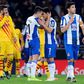 Espanyol players celebrate after Wu Lei's late equaliser against Barcelona in January. They have to beat their local rivals on Wednesday to delay their  relegation