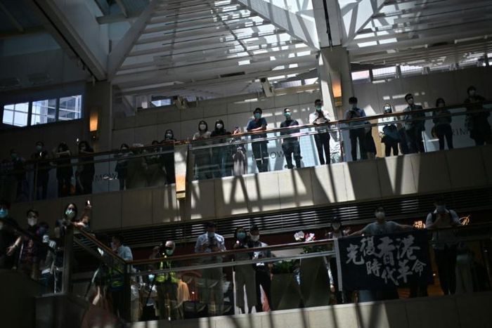 Pro-democracy supporters gather at a shopping mall during a lunchtime rally in Hong Kong on April 29