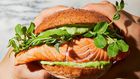 This is a Salmon Wasabi burger and, yes, its as delicious as it looks. Its recipe is below too.