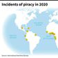 World map lacating piracy and armed robbery incidents, reported to International Maritime Bureau in 2020.
