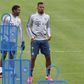 Bayern Munich defenders David Alaba (L) and Jerome Boateng in training last week