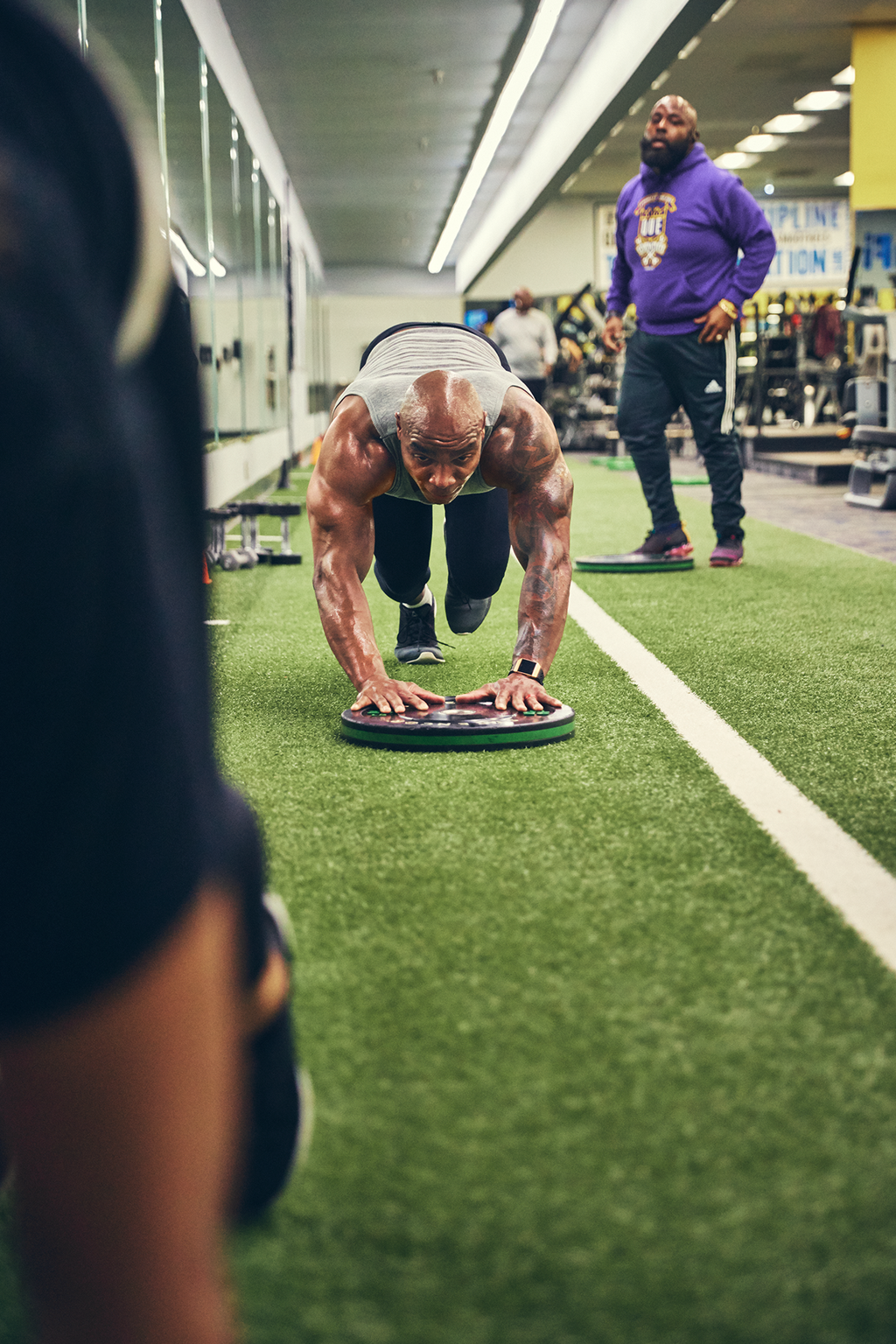 Major  Owens doing plate pushes at TruFit in Fayetteville, North Carolina.