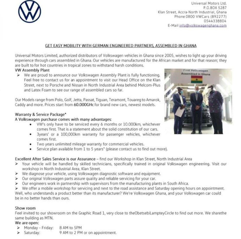 Brand new VW cars assembled in Ghana selling as low as GHC60,000