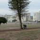A homeless man stands with some of his belongings at a usually busy promenade in Capetown, now mostly deserted because of the coronavirus lockdown
