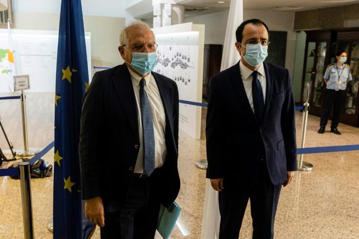 EU foreign policy chief Josep Borrell (L) meets with Cyprus' Foreign Minister Nikos Christodoulides at the foreign ministry headquarters in the capital Nicosia on June 25, 2020