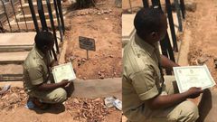 “She was chasing me to school” - Graduate present certificate to late mum at cemetery (photos)