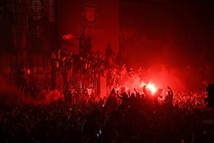 Fans gather at Anfield after Liverpool won the Premier League