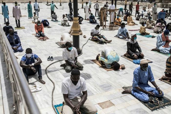 Senegalese Muslim worshippers in Dakar kept up with social distancing practises before Friday prayers