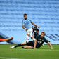 Riyah Mahrez (centre) scores his first goal in Manchester City's thrashing of Burnley