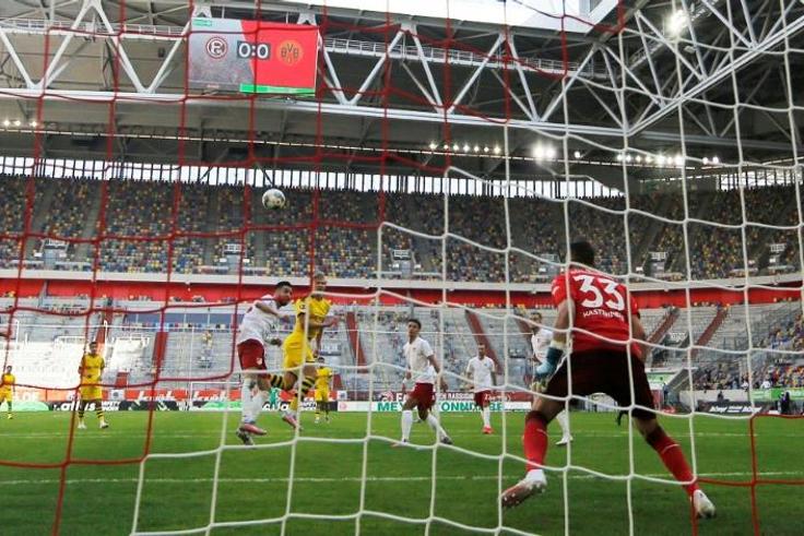 Erling Braut Haaland (C) scored Dortmund's 95th-minute winner in a 1-0 victory at Fortuna Duesseldorf on Saturday