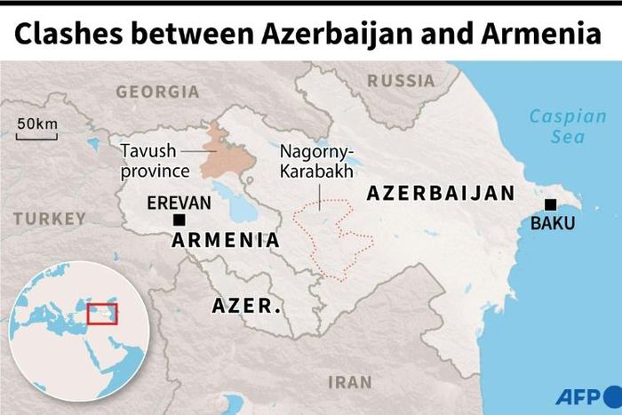 Map of Azerbaijan and  Armenia locating the Armenian province of Tavush where   border clashes have occurred