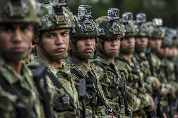 Colombian soldiers at a ceremony to present a new battalion in Medellin on February 11,2020