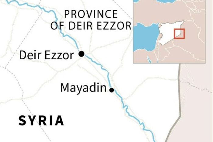 Map locating Mayadin in eastern Syria, near where overnight strikes on positions held by Iranian-backed militias and their allies killed 14 fighters