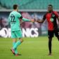 Hertha Berlin goalkeeper Rune Jarstein (L) celebrates with defender Dedryck Boyata after Wednesday's 2-2 draw at RB Leipzig.