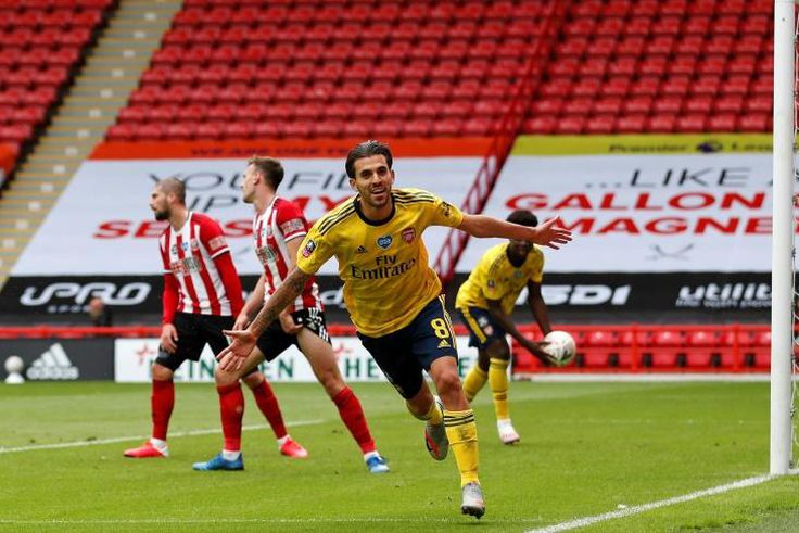 Arsenal midfielder Dani Ceballos celebrates the winner at Sheffield United