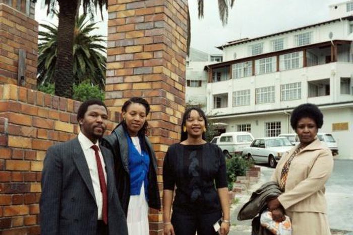 File picture from November 1985 at the height of the apartheid era: Winnie Madikizela-Mandela with her daughters Zenani, centre, and Zindzi, left, visiting Nelson Mandela after he underwent surgery in a Cape Town hospital