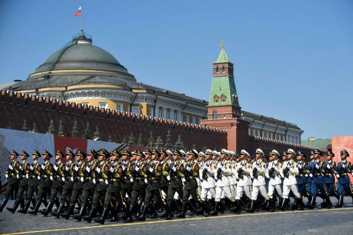 Soldiers from China's People's Liberation Army march on Red Square in Moscow during a June 2020 parade to mark the 75th anniversary of the Soviet victory over Nazi Germany, amid US pressure for both Russia and China to join nuclear arms talks