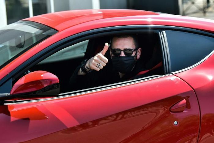 Juventus defender Leonardo Bonucci, wearing a face mask, arrives at the team's training centre