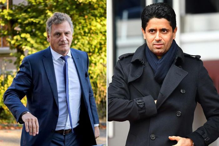 Former FIFA secretary general Jerome Valcke (L) and (R) Paris Saint-Germain president Nasser Al-Khelaïfi are both to face trial in Switzerland over alleged corruption
