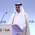 A file picture taken on December 14, 2019 shows the Emir of Qatar Sheikh Tamim bin Hamad al-Thani delivering a speech during the opening session of the Doha Forum in the Qatari capital