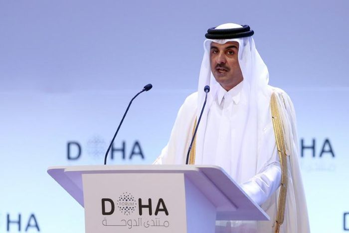 A file picture taken on December 14, 2019 shows the Emir of Qatar Sheikh Tamim bin Hamad al-Thani delivering a speech during the opening session of the Doha Forum in the Qatari capital